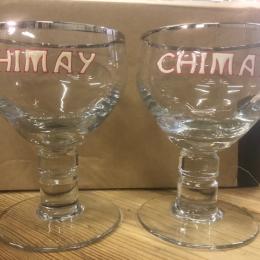 2 oude Chimay glazen, emaille tekst